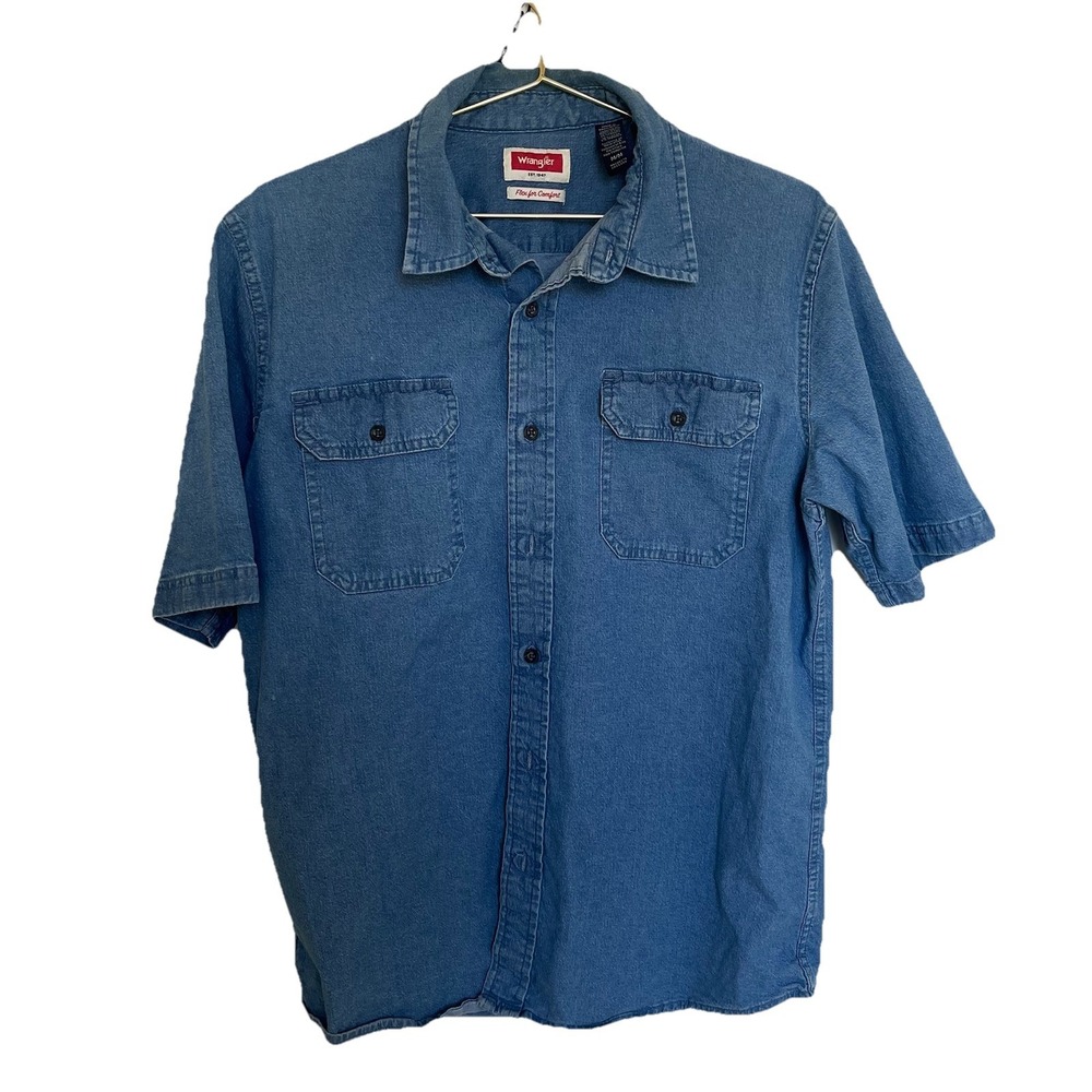 Wrangler M Flex for Comfort Denim Short Sleeve Button-Up Shirt Blue Casual